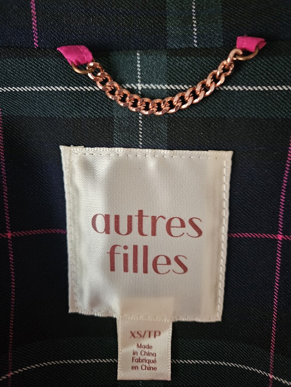 AUTRES FILLES Tartan Plaid Blazer Jacket Navy Green Pink Gold Buttons | SZ XS - Picture 7 of 8